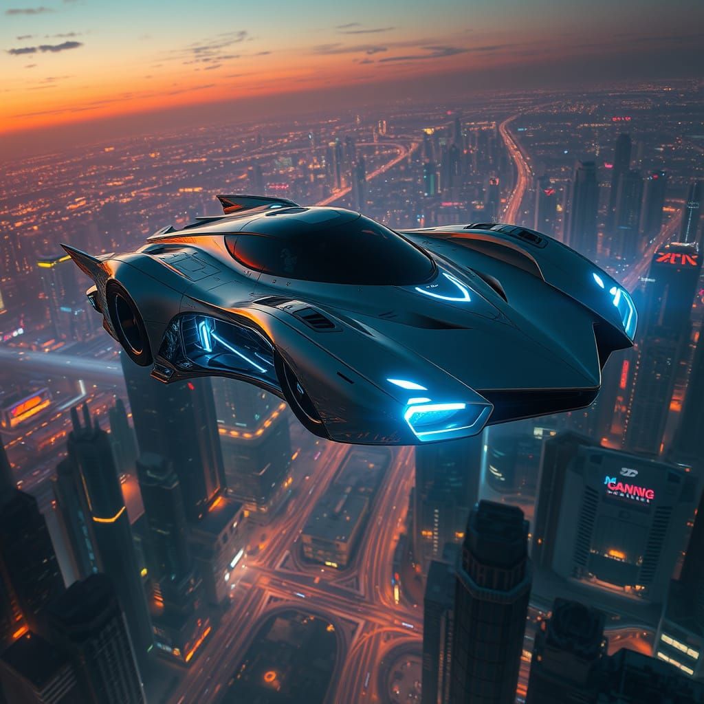 Futuristic Sci-Fi Car Hovering Over Neon Cityscape