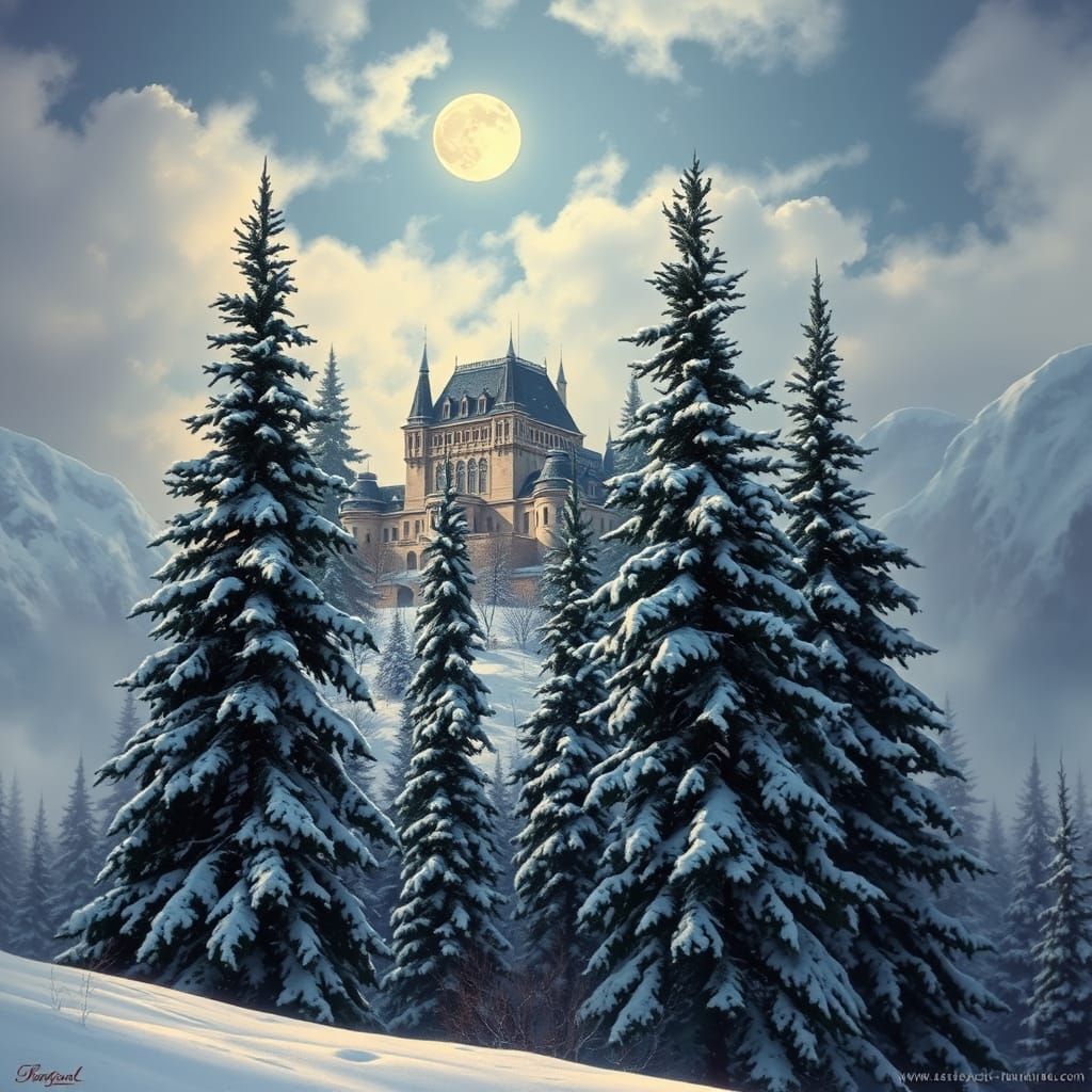 Winter Castle Amidst Pine Trees Under Moonlit Skies