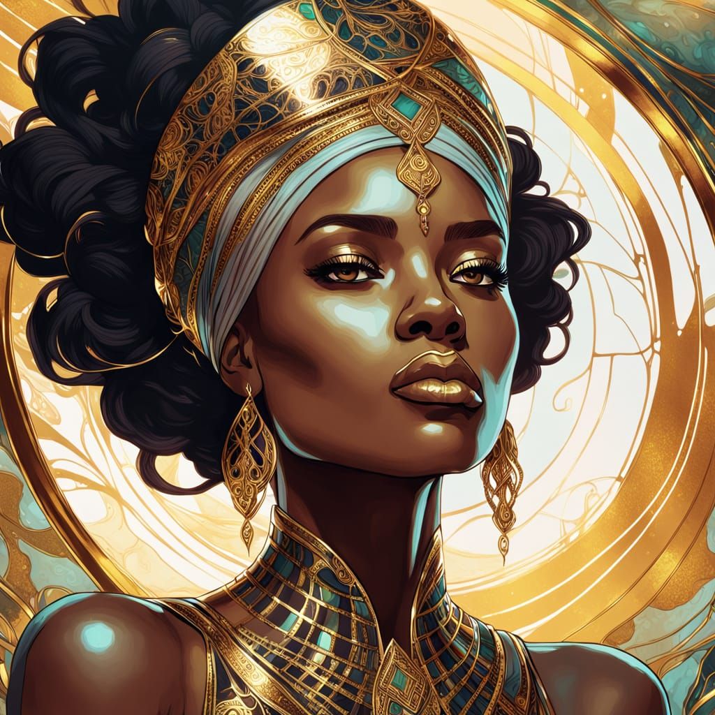 Nubian Girl in Glasswork, Vibrant Ink Style