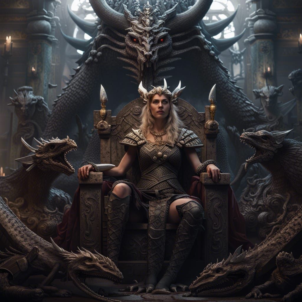Viking Women on Bone Throne with Dragon