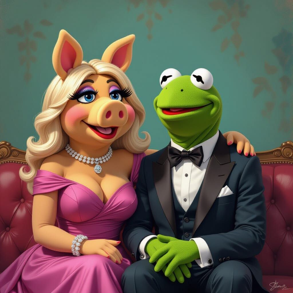 Miss Piggy and Kermit in Hyperrealistic Portrait