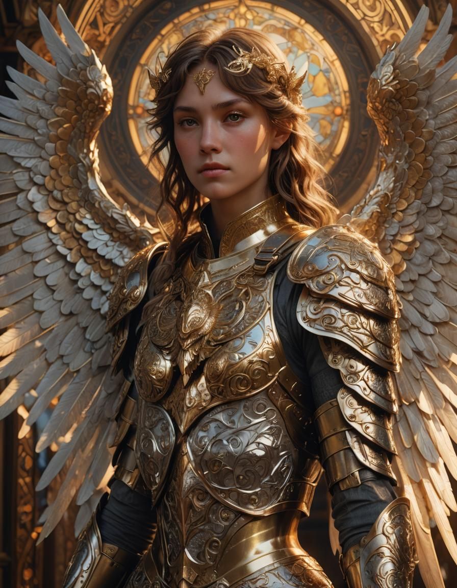 Armored Angel in Mystical Realm, Art Nouveau Style