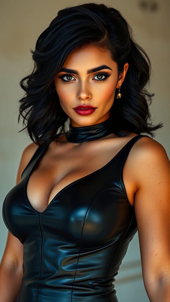 Sultry Woman in High-Gloss Leather Catsuit