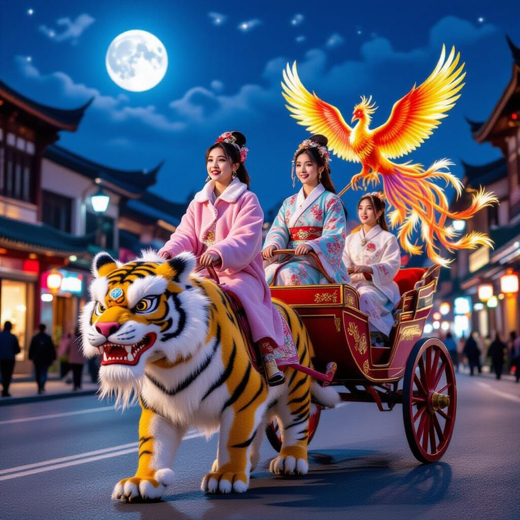 Girls in Hanfu Ride Tiger Carriage with Phoenixes