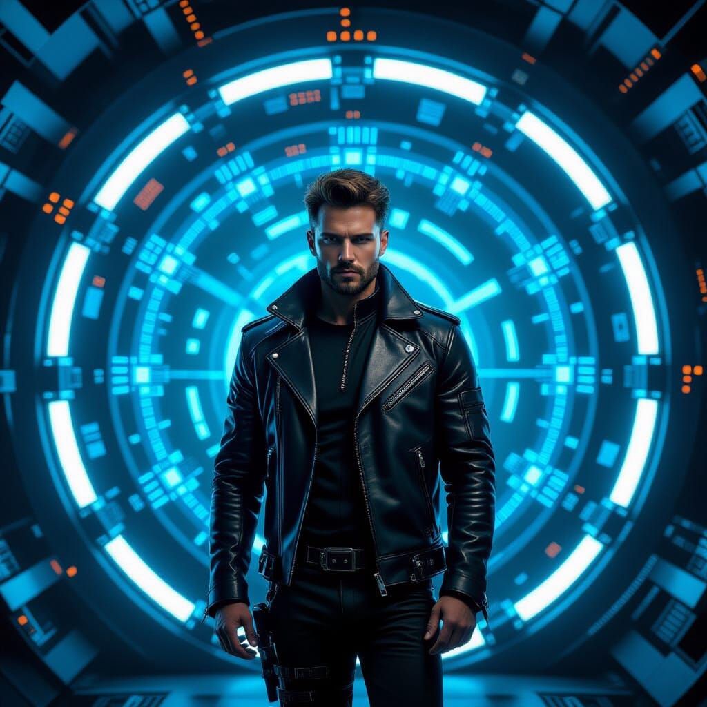 Man in Futuristic Time Machine, Cyberpunk Style