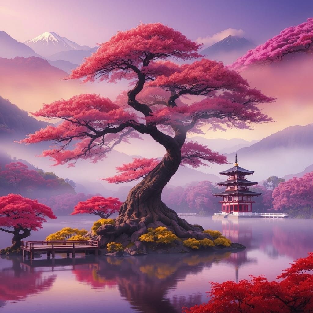 Mystical Sakura Tree in Vibrant Misty Landscape