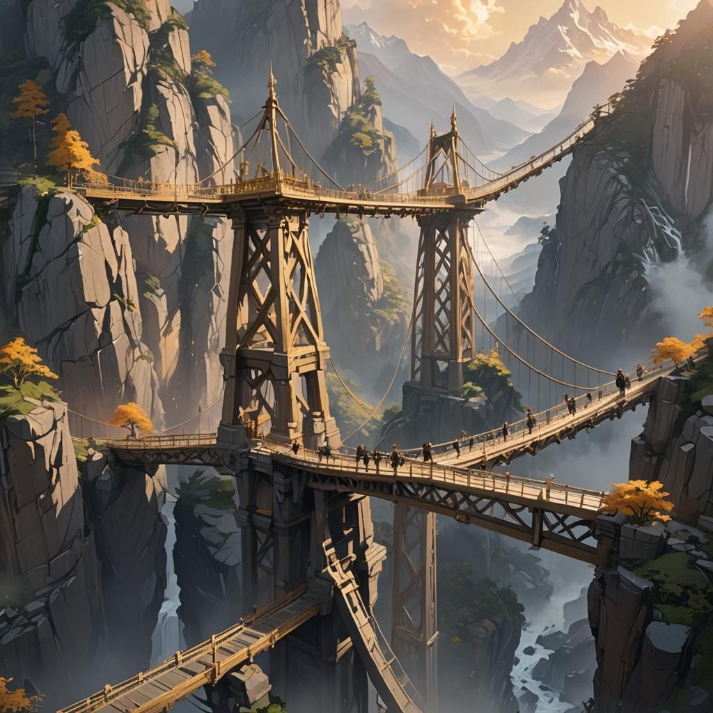 High-Altitude Suspension Bridge in Anime Style