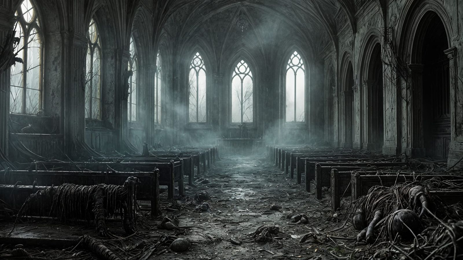 Haunted Ancient Church in Foggy Nightmare