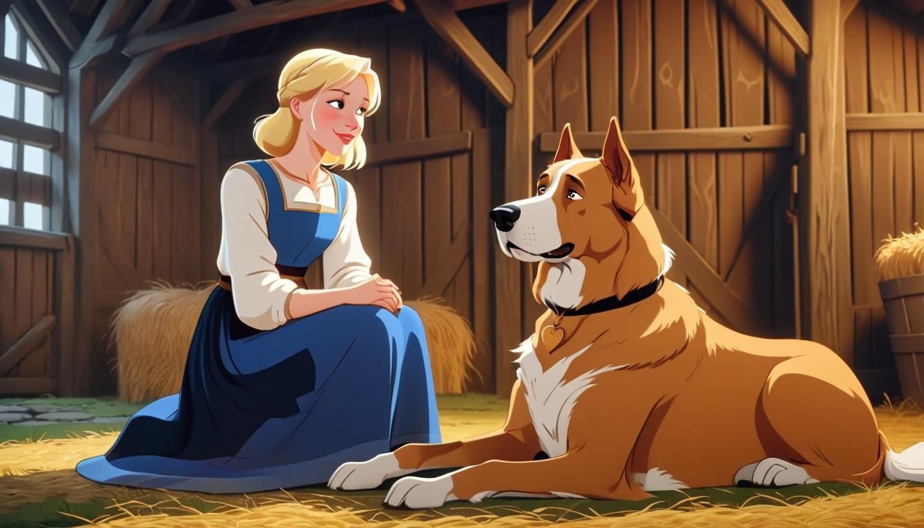 Kind Woman and Farm Dog in Animated Still