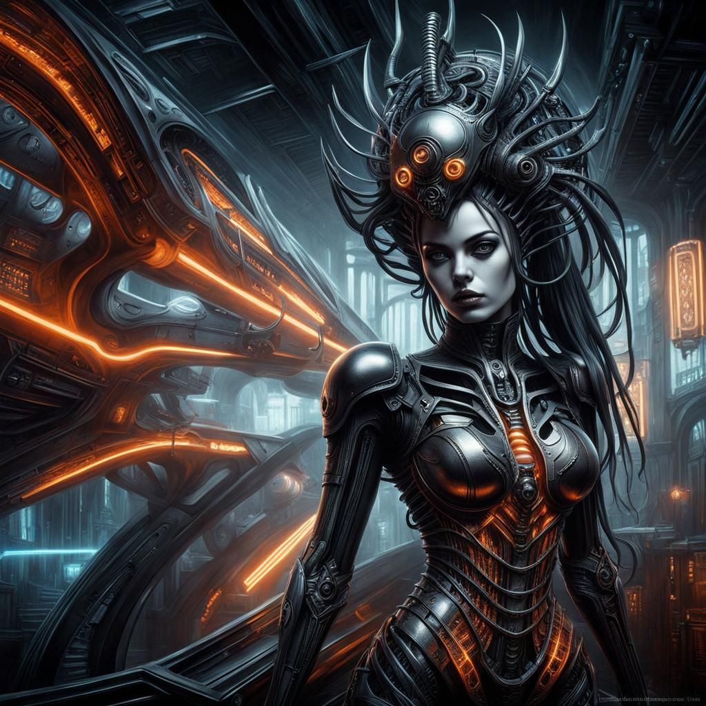 Gothic Cyberpunk Woman in Giger Style
