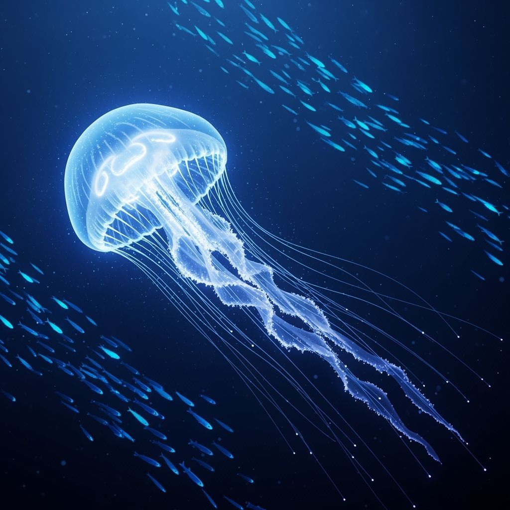 Bioluminescent Jellyfish Drifting in the Deep Blue Ocean