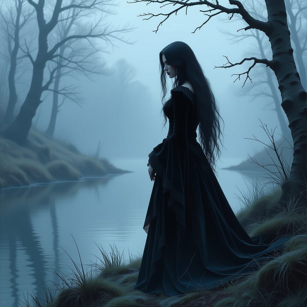 Gothic Woman Awaits WolfMaster in Misty Forest