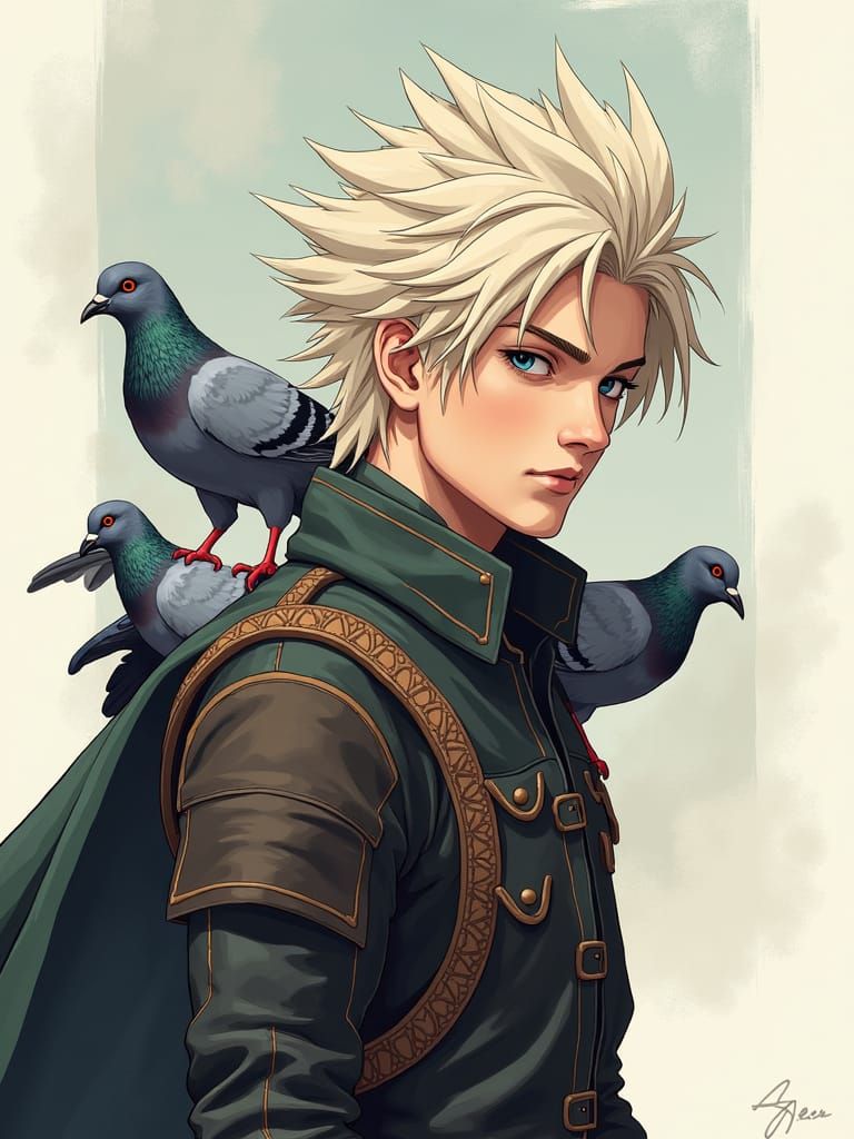 Cloud Strife Surrounded by Pigeons: Vector Art
