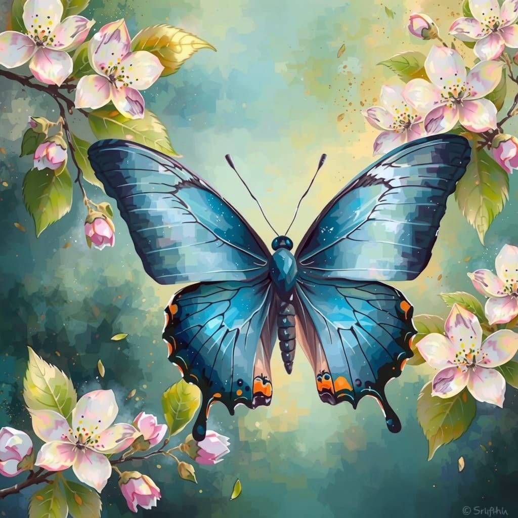 Whimsical Butterfly in Ethereal Blues, Watercolor Style