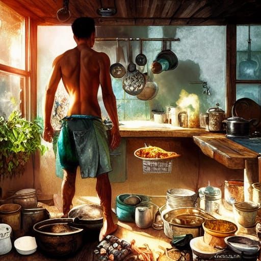 Peruvian Man Cooking, Hyperdetailed Fantasy Art