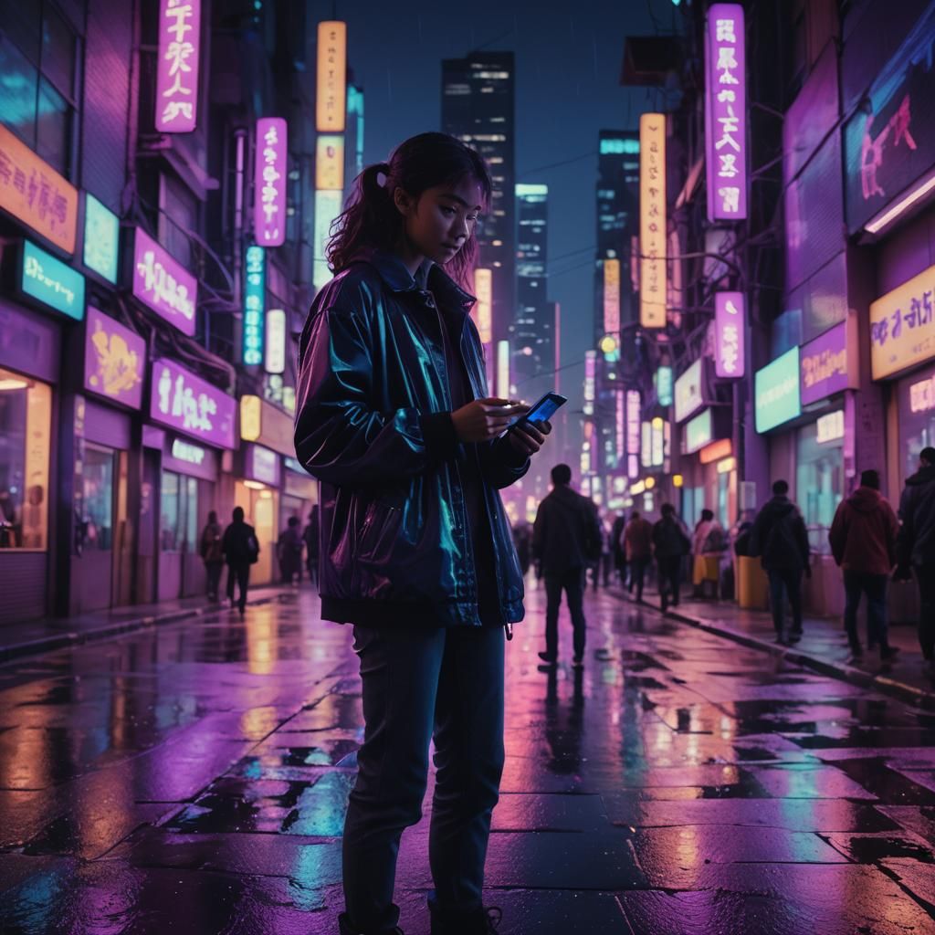 Futuristic City Night Scene with Smartphone