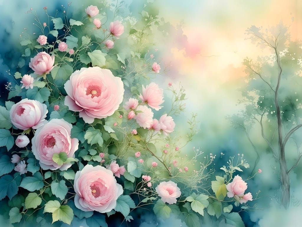 Whimsical Pastel Garden Blooms with Magical Creatures