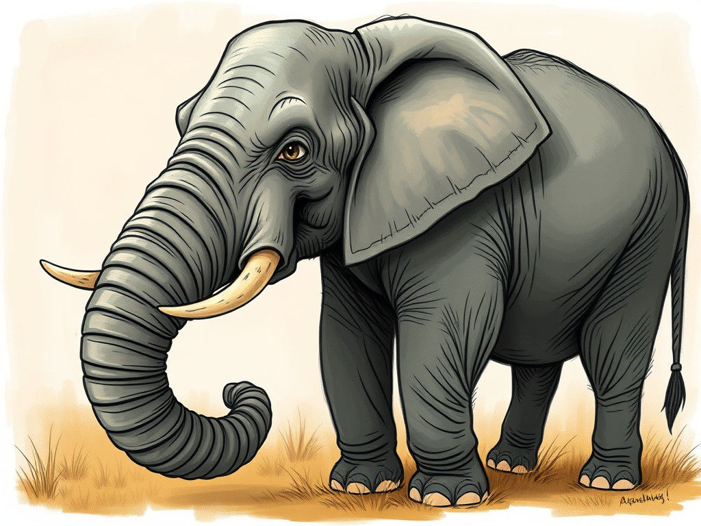 Comical Elephant with Knotted Trunk, Whimsical Illustration