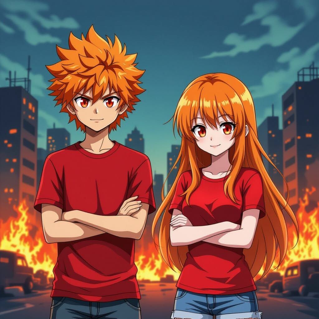 Anime Teens in Burning Cityscape Digital Art