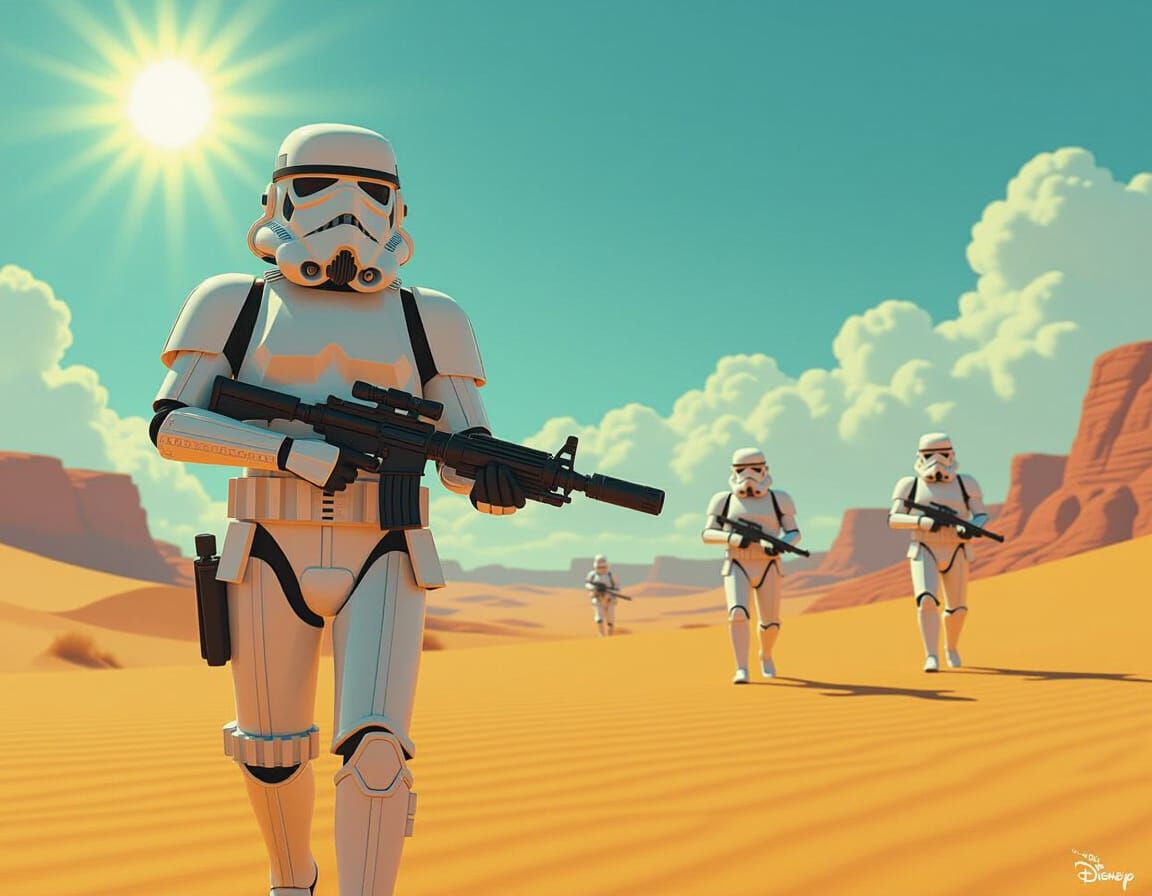 Stormtrooper Marching in Desert Landscape, Pixar Style