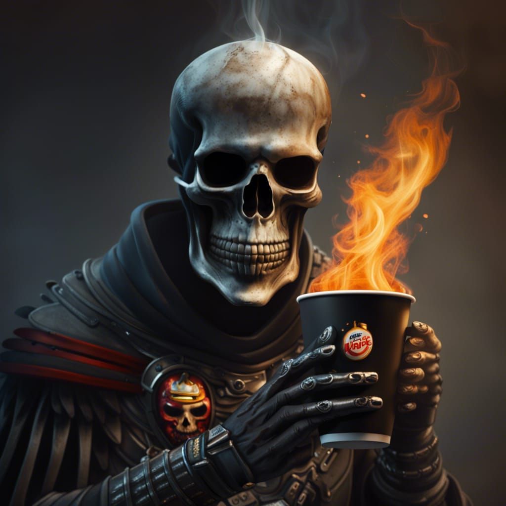 Burning Skull Enjoys Coffee at Burger King