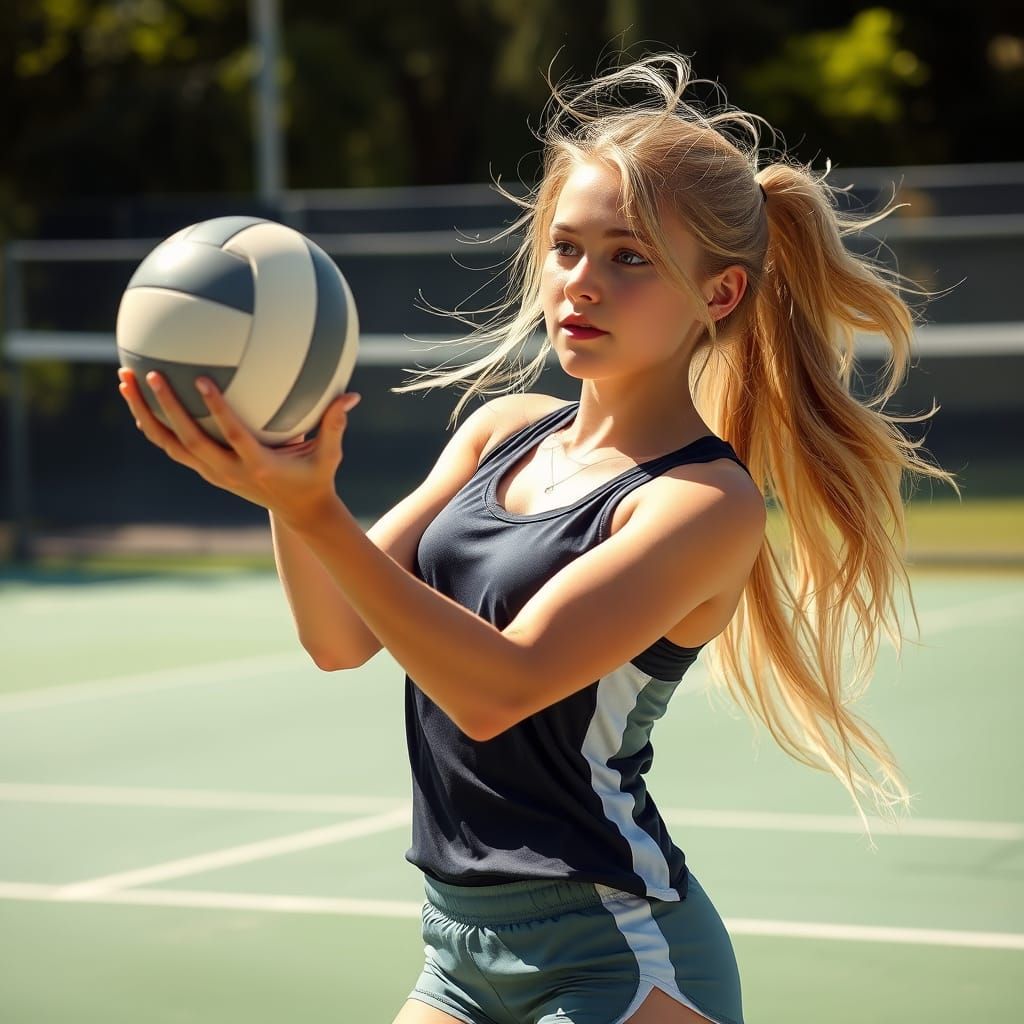 Photorealistic Blond Athlete in Action on Sunny Volleyball C...