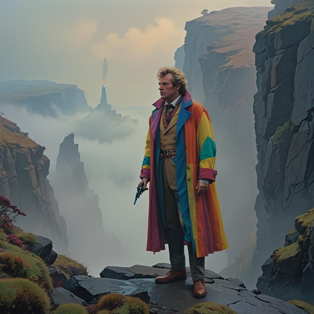 Romantic Cinematic Doctor Stands at Foggy Cliff's Edge