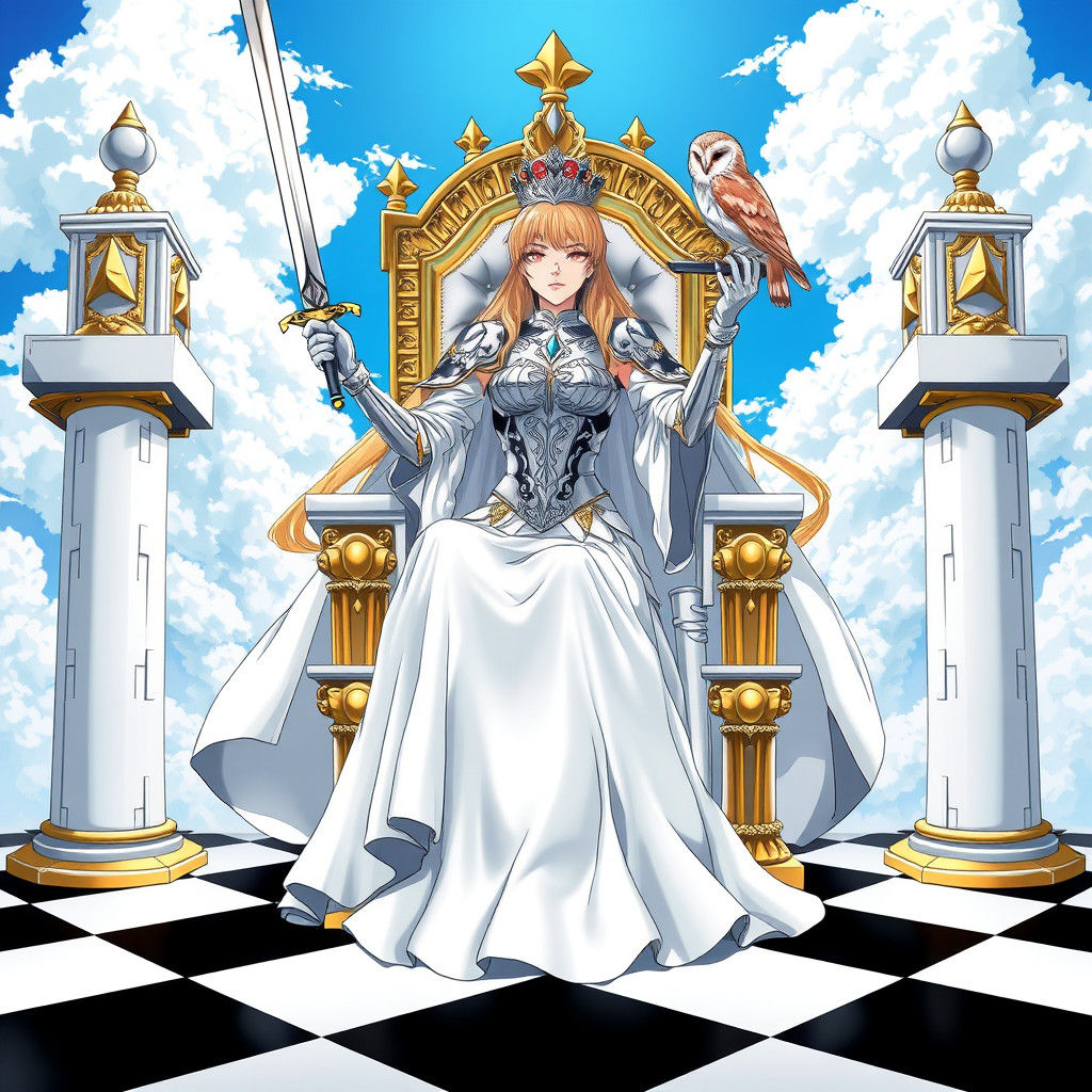 Regal Queen with Sword and Scales in Anime Style