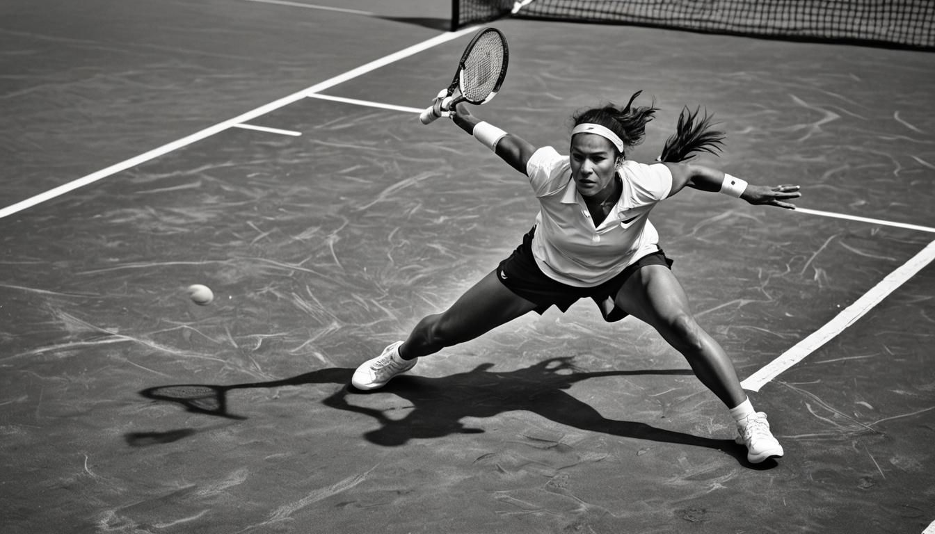Monochrome Tennis Player's Determined Forehand Dive