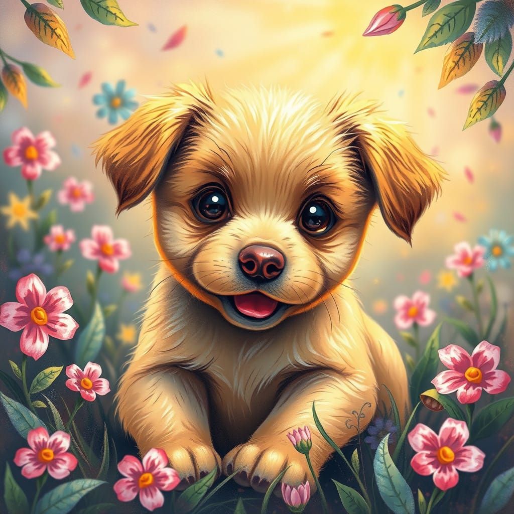 Vibrant Crayon Puppy in Dreamlike Fantasy World