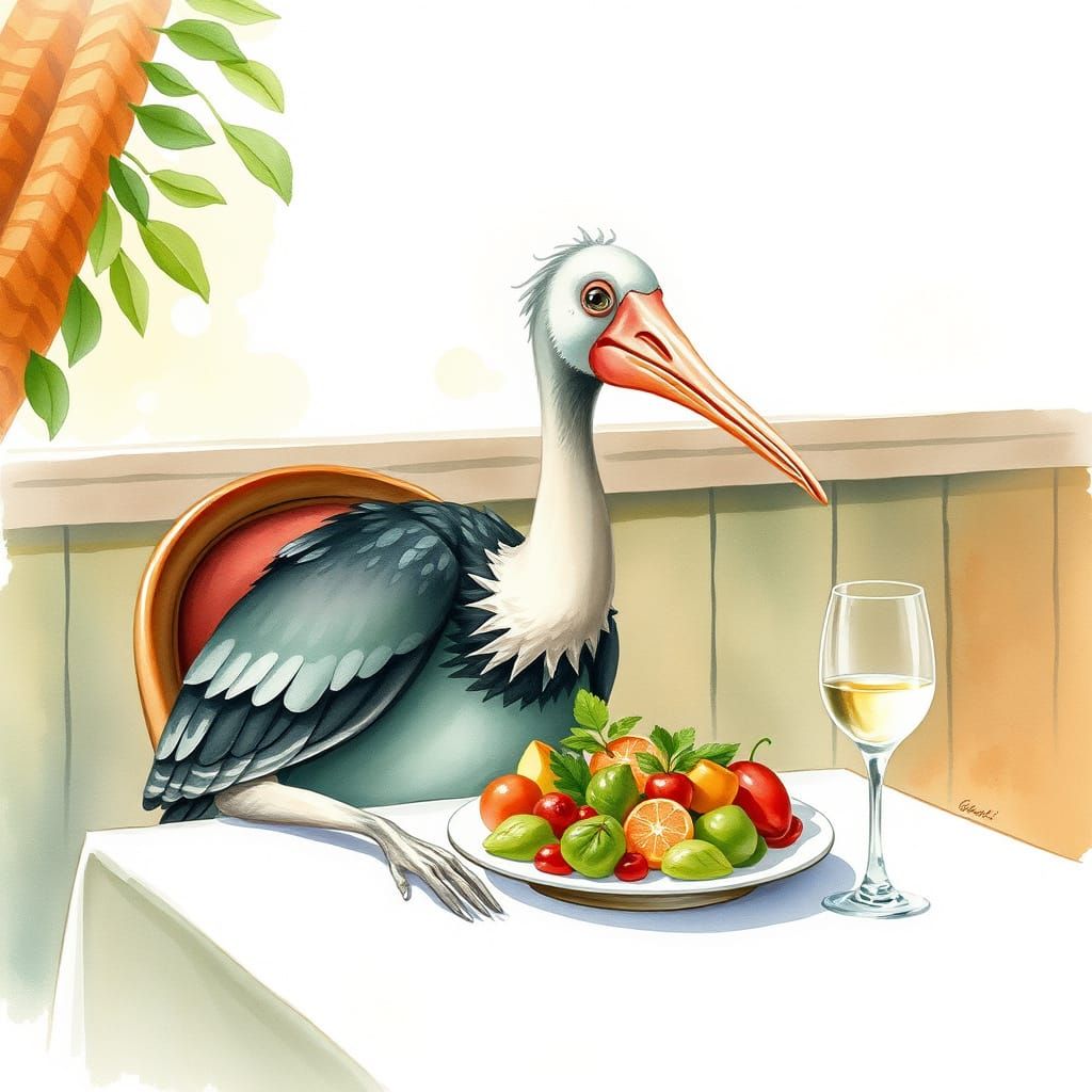 Whimsical Dodo Bird Enjoys Salad in Watercolor