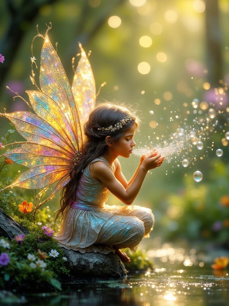 Fairy Child Blowing Rainbow Bubbles in Enchanted Forest