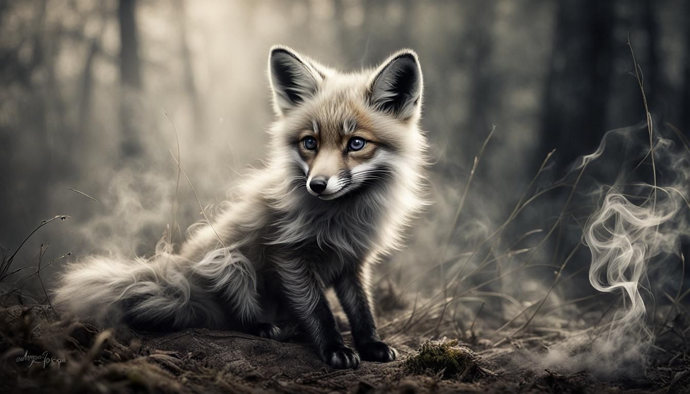Smoky Fox in Forest: Surreal Ink Art