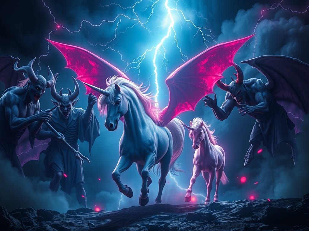 Dark Unicorn Surrounded by Spirits in Thunderstorm