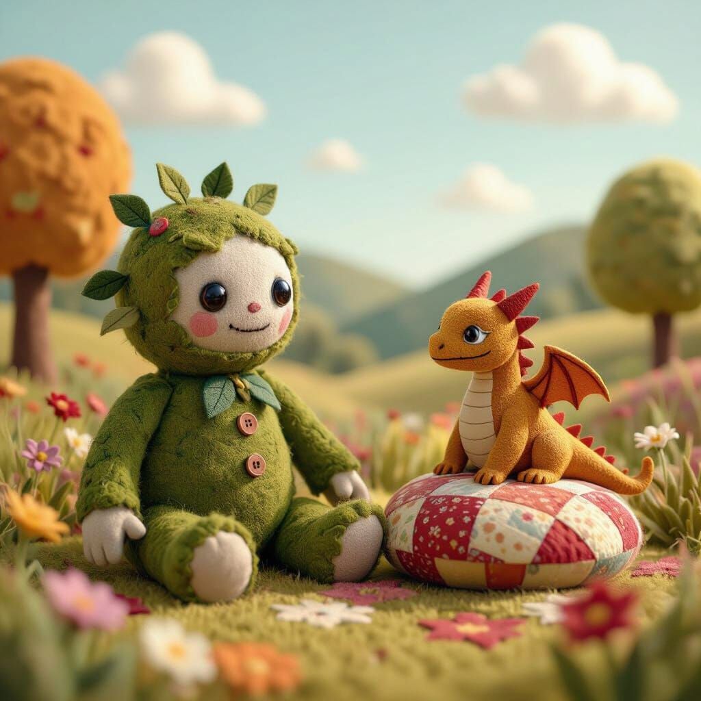 Felt Golem and Patchwork Dragon in Pastel Storybook Style