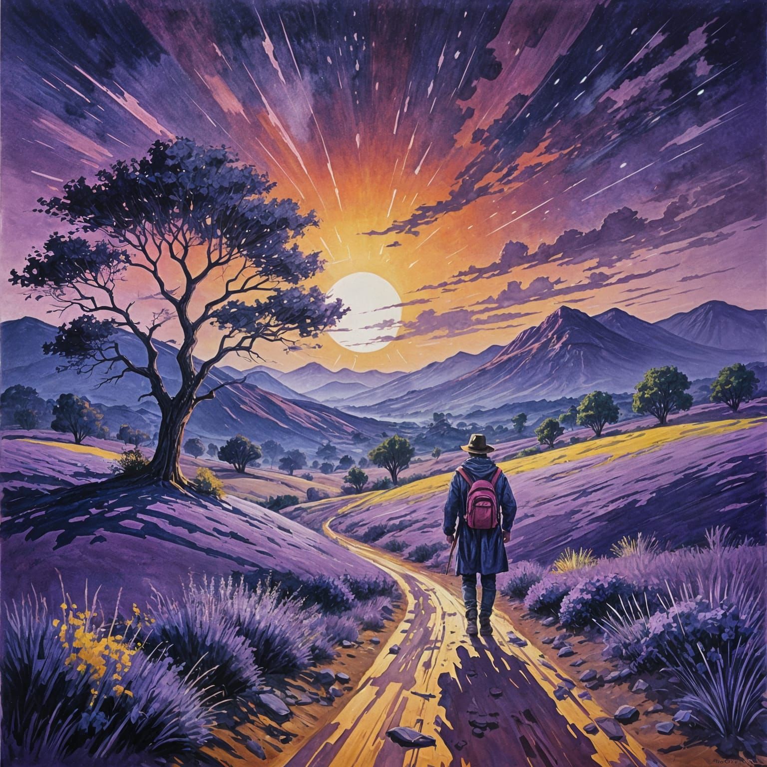 Purple Dreamscape: Gouache Painting of a Lone Wanderer