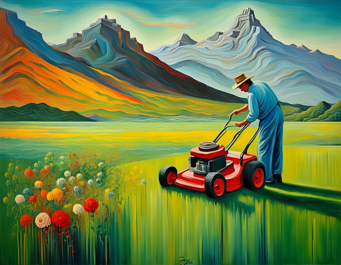 Surreal Lawn Mowing Landscape in Dali Style