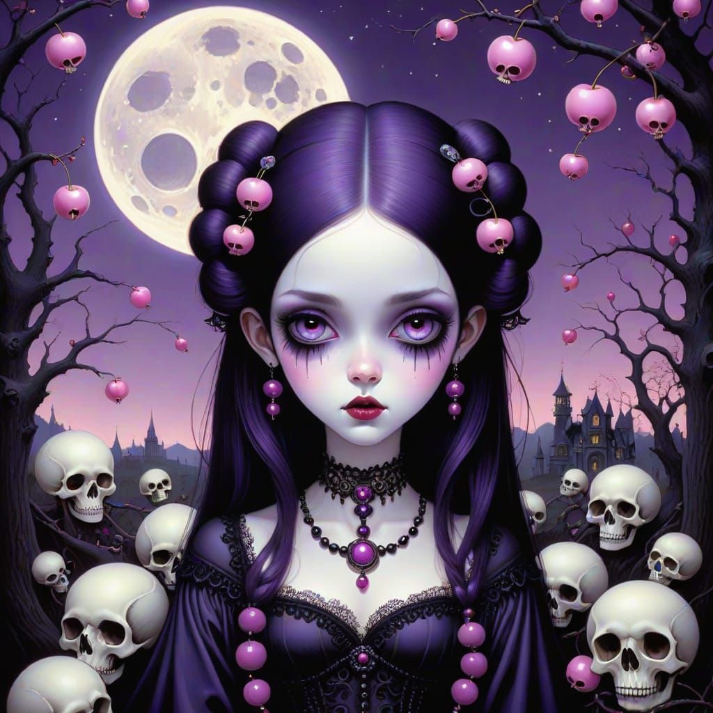 Girl Under Cherry Moon: Whimsical Gothic Cartoon