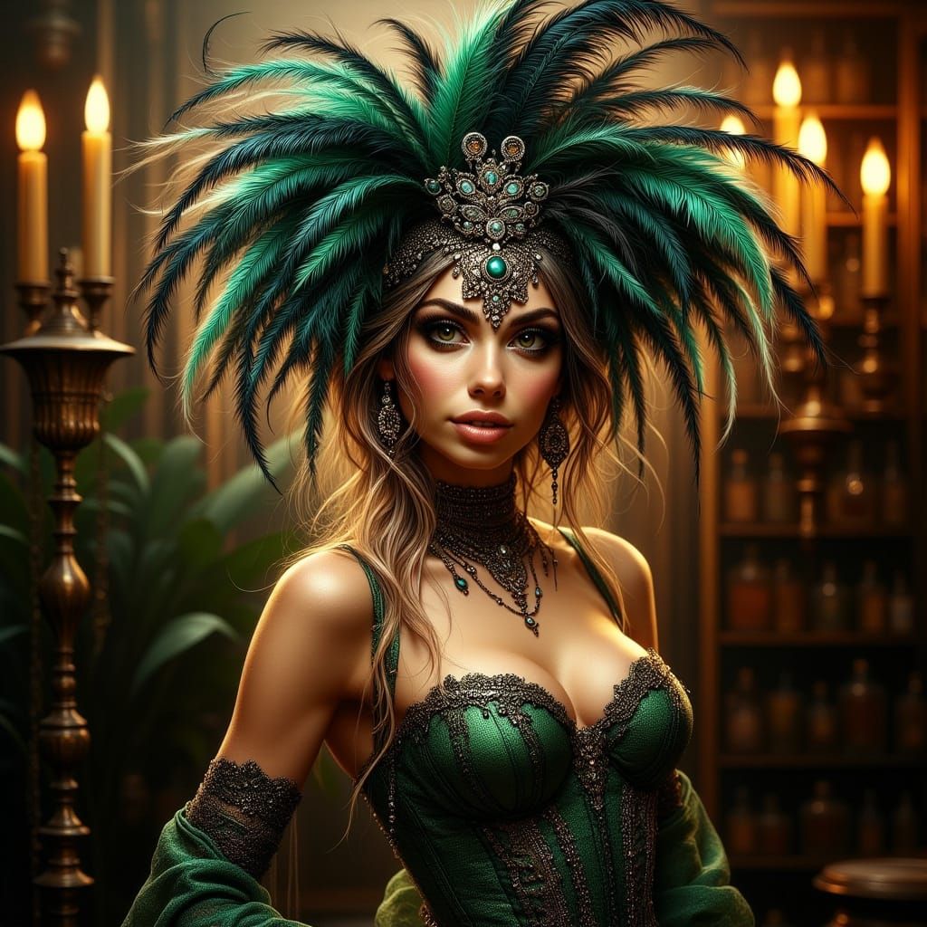 Elegant Showgirl in Emerald Corset on Stage