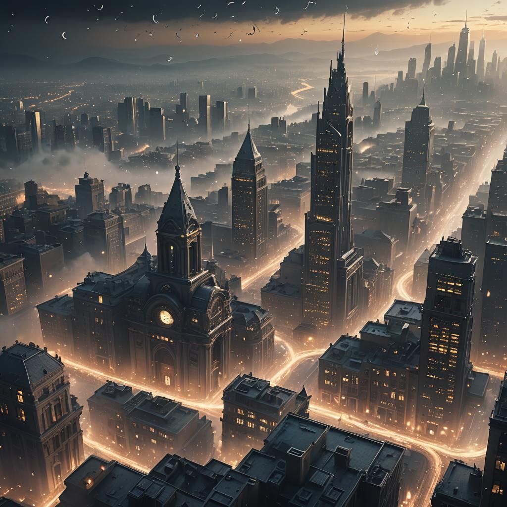 Luminescent Cityscape with Floating Musical Notes