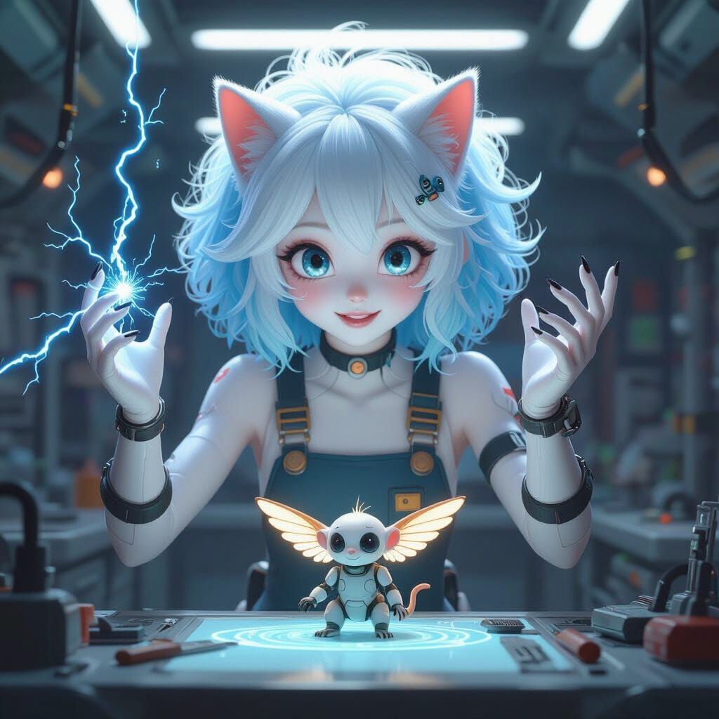 Joyful Albino Catgirl Engineer on Spaceship Workbench