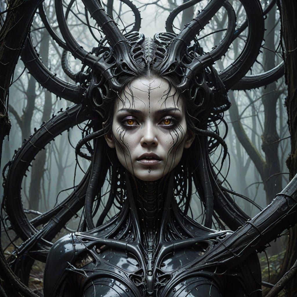 Futuristic Biomechanical Woman in Dark, Haunting Landscape