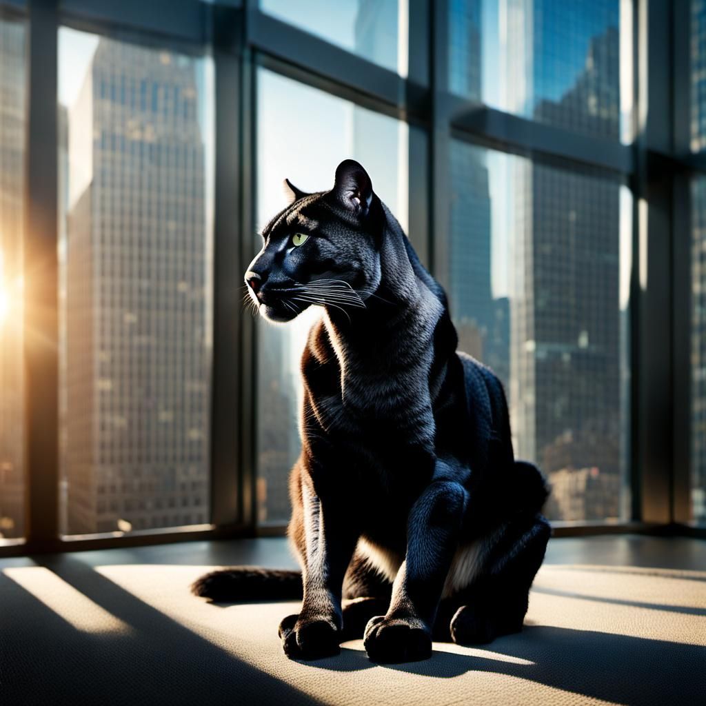 Black Puma in Office, Hyperrealistic Style