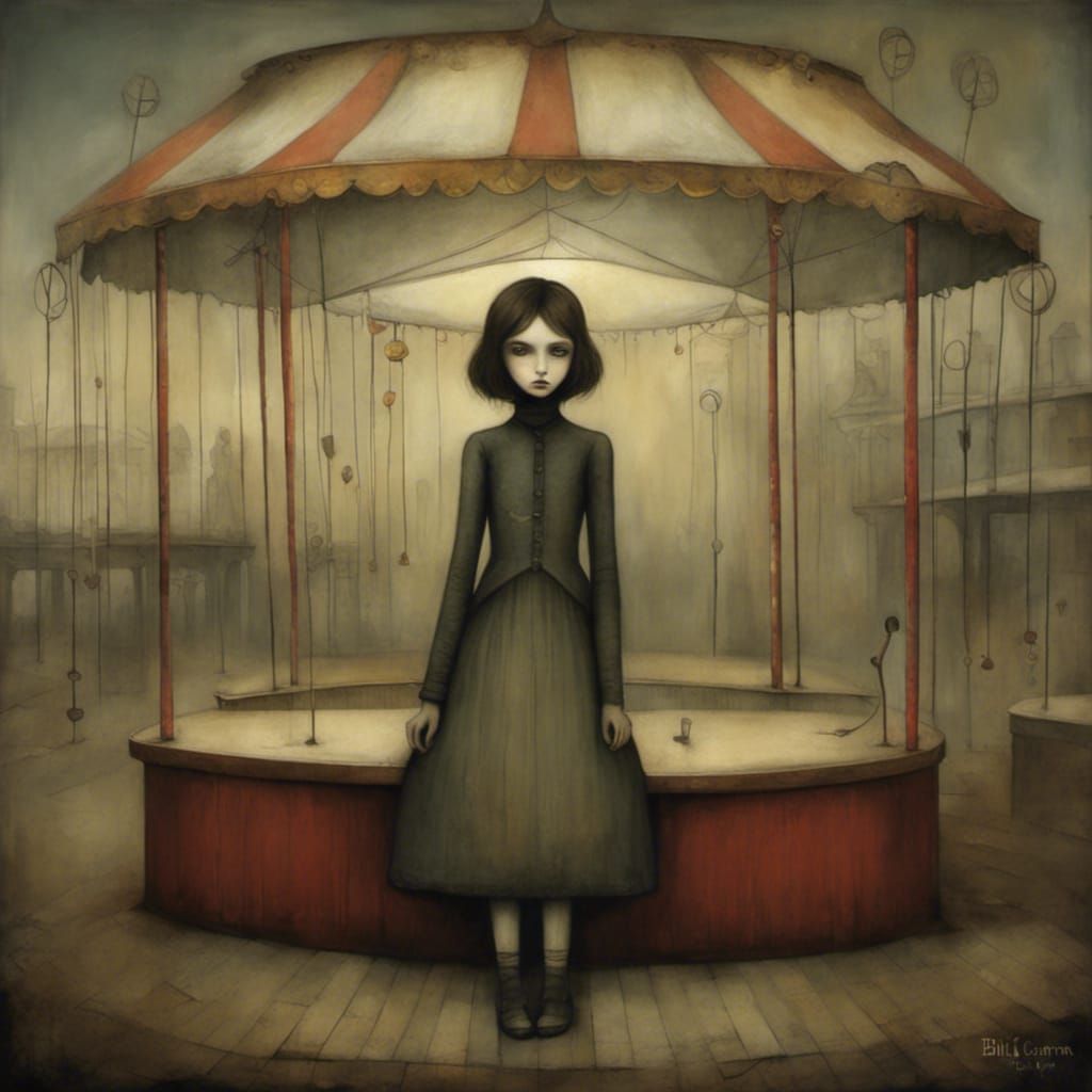 Eerie Girl in Derelict Carnival, Soft Lighting