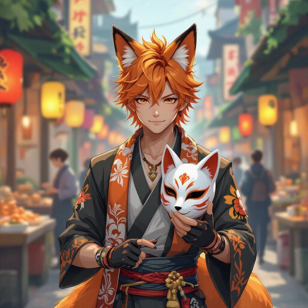 Fox-Eared Man in Asian Market Inspired by Genshin Impact