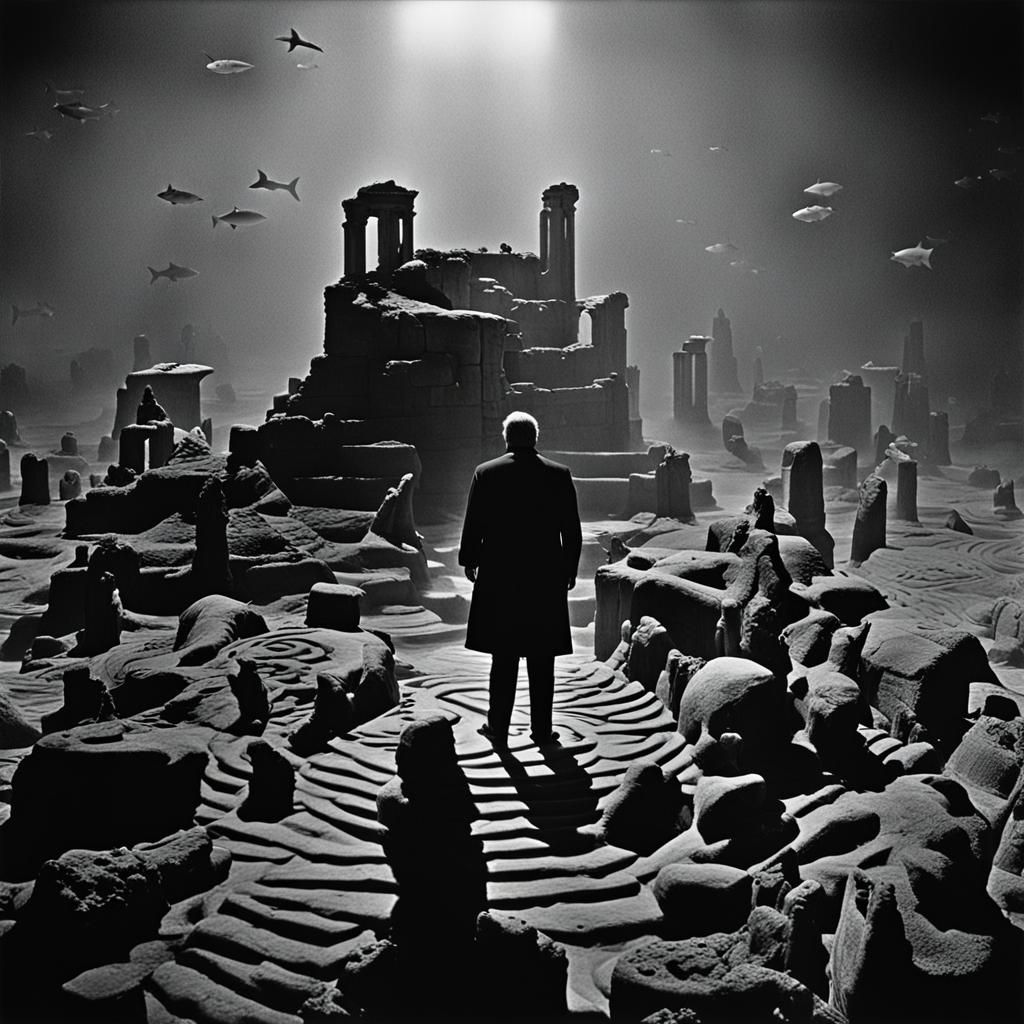 Surreal Undersea Ruins with Vibrant Marine Life