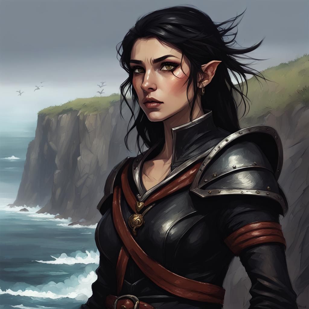 Fierce Half-Elf Sailor in Hand-Drawn Fantasy Art