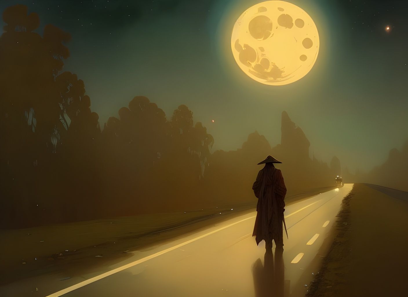 Rural Road at Night in Art Nouveau Style