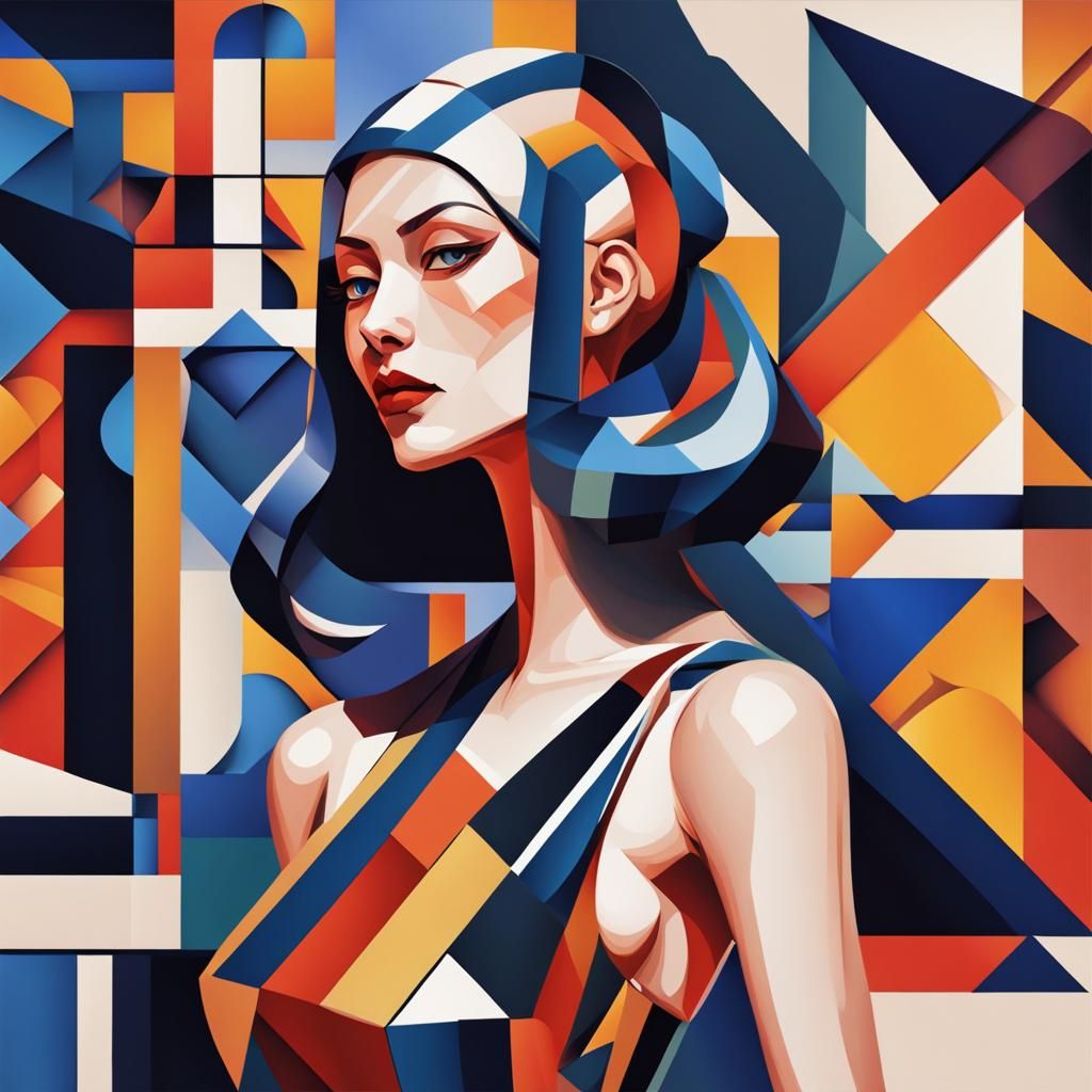 Geometric Waifu in Cubist Art Deco Style