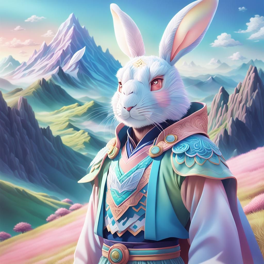 Anime Man with Translucent Rabbit in Pastel Colors